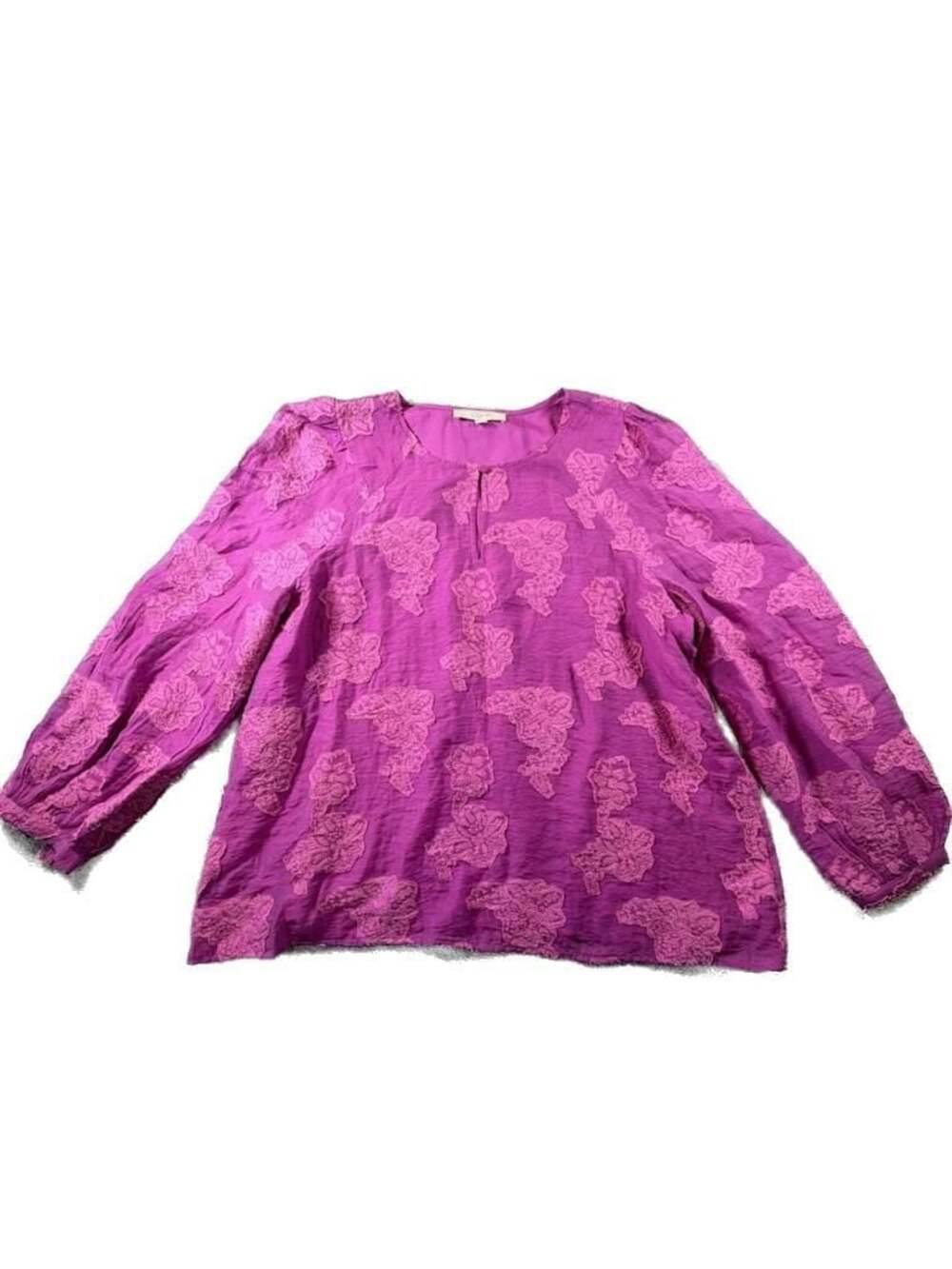 LOFT Women's Magenta Floral Embroidered Keyhole Long Sleeve Blouse XL